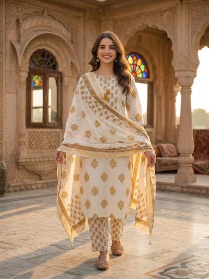 Cream & Mustard Ethnic Print Cotton Straight Kurta Set with Palazzo & Dupatta