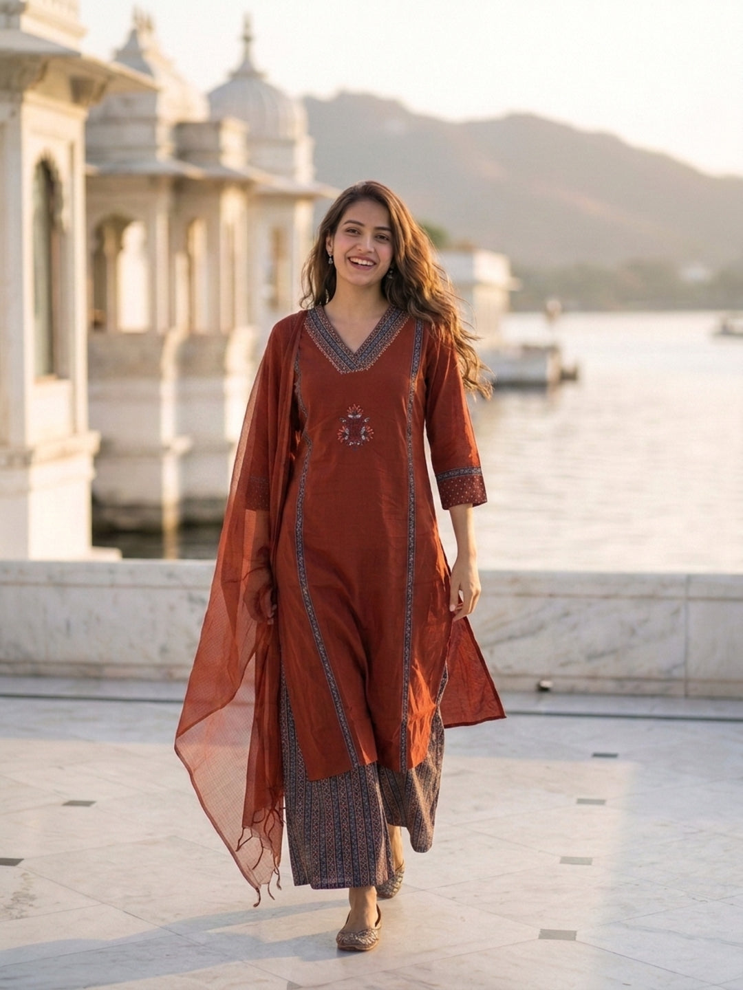 Maroon Solid Cotton Straight Kurta Set with Zari & Ari Embroidery, Palazzo & Dupatta