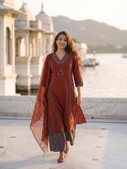 Maroon Solid Cotton Straight Kurta Set with Zari & Ari Embroidery, Palazzo & Dupatta