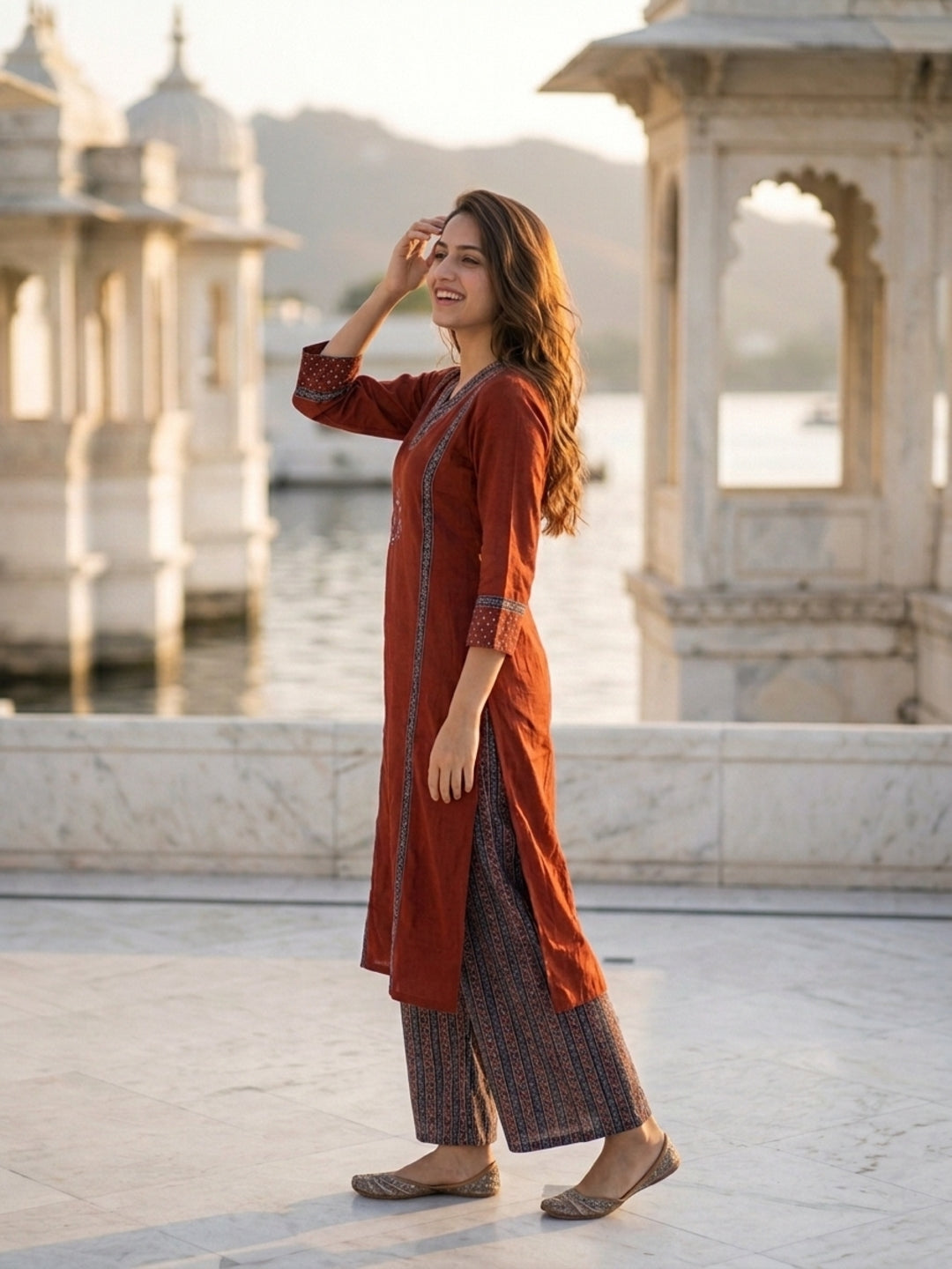 Maroon Solid Cotton Straight Kurta Set with Zari & Ari Embroidery, Palazzo & Dupatta