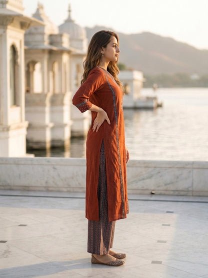 Maroon Solid Cotton Straight Kurta Set with Zari & Ari Embroidery, Palazzo & Dupatta