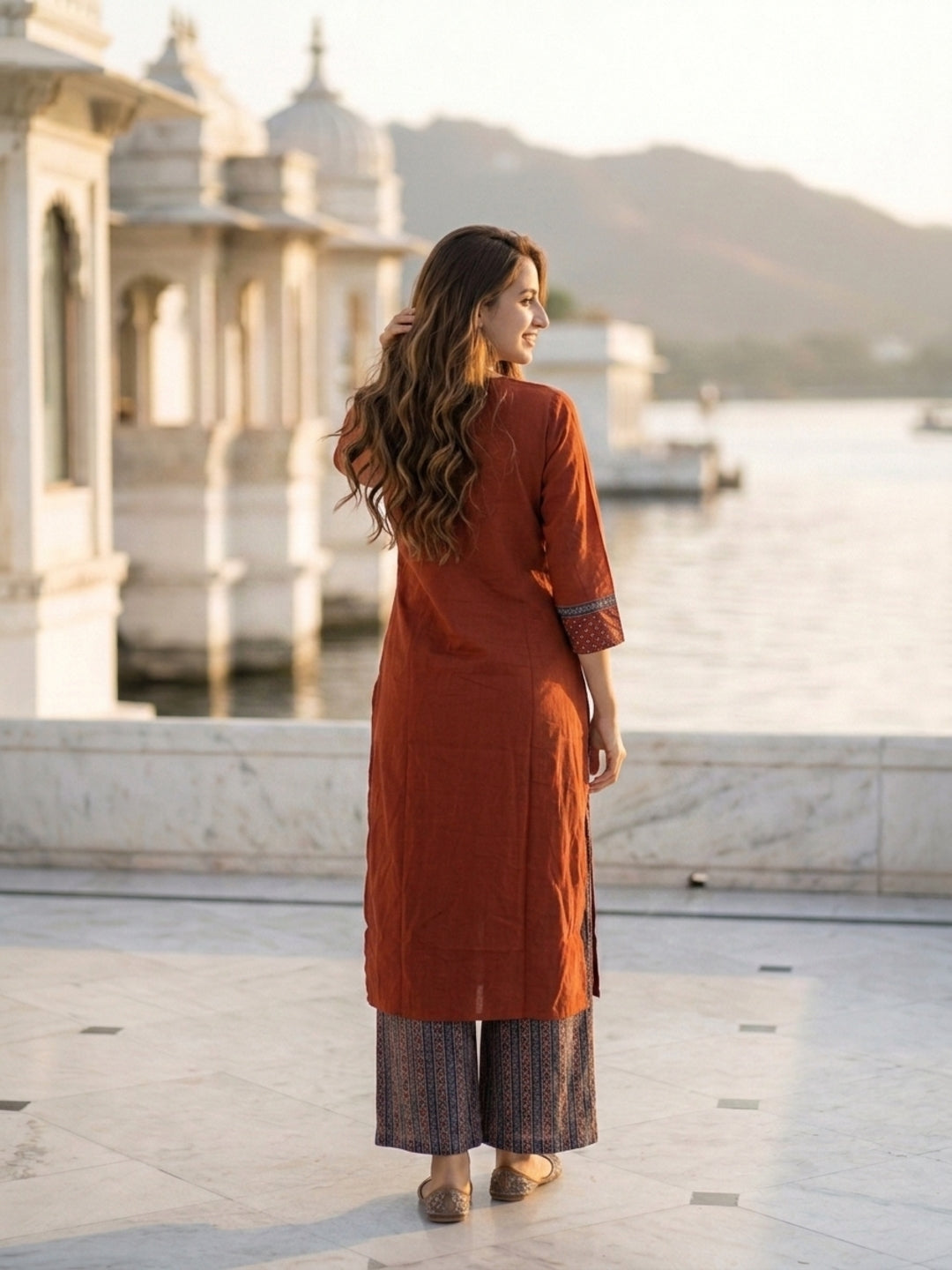 Maroon Solid Cotton Straight Kurta Set with Zari & Ari Embroidery, Palazzo & Dupatta