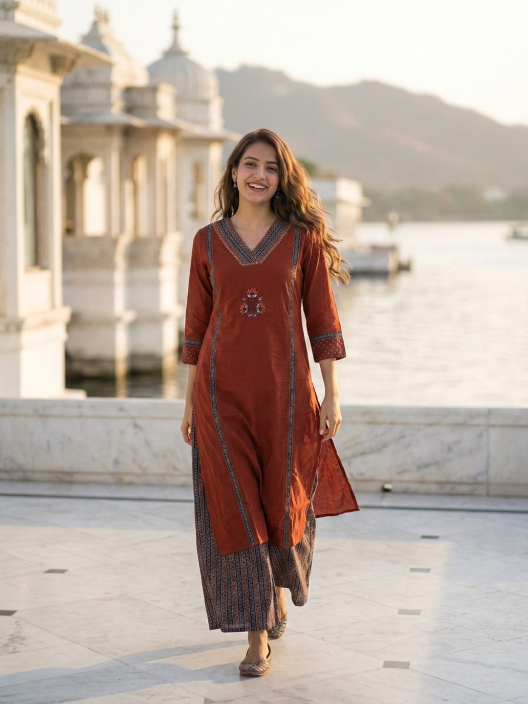 Maroon Solid Cotton Straight Kurta Set with Zari & Ari Embroidery, Palazzo & Dupatta