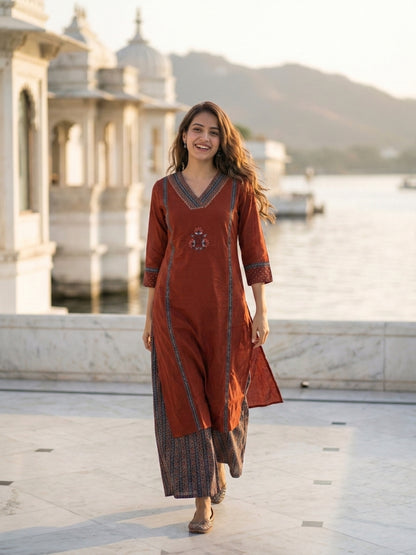 Maroon Solid Cotton Straight Kurta Set with Zari & Ari Embroidery, Palazzo & Dupatta