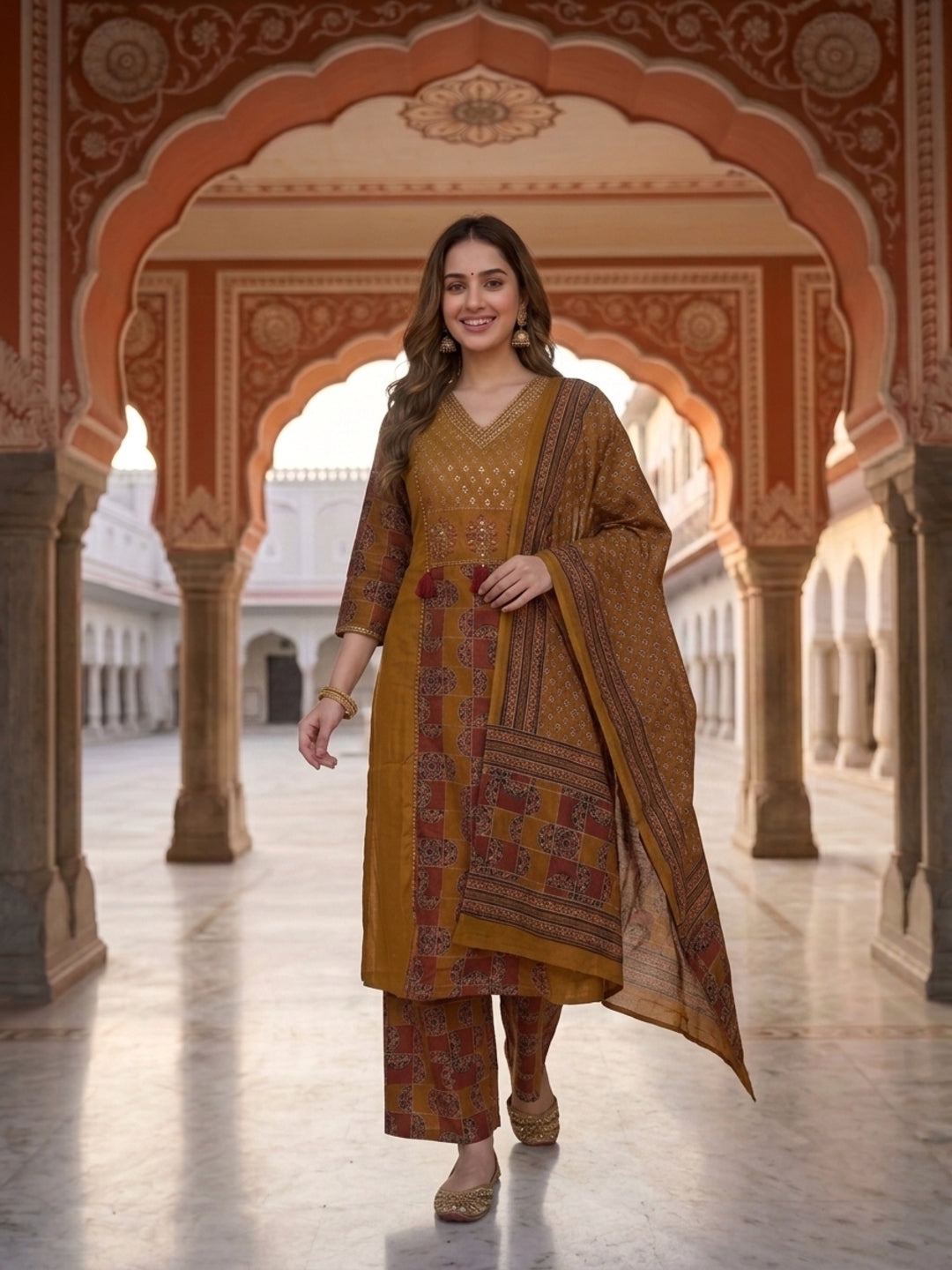 Mustard Solid Cotton Straight Kurta Set with Printed Panel, Palazzo & Dupatta