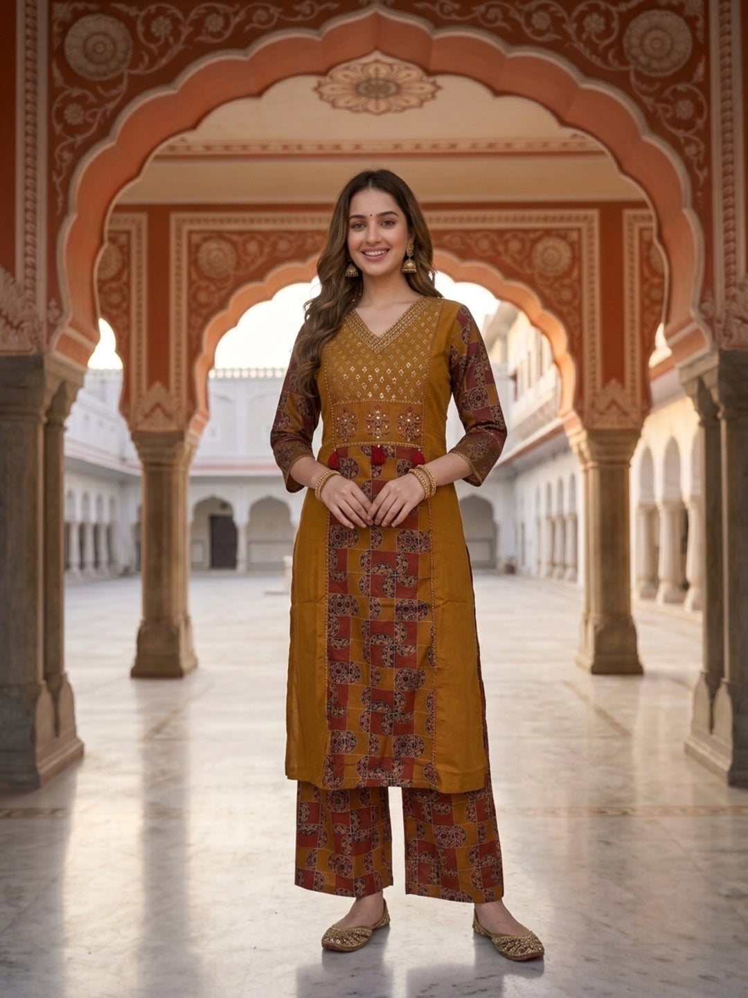 Mustard Solid Cotton Straight Kurta Set with Printed Panel, Palazzo & Dupatta