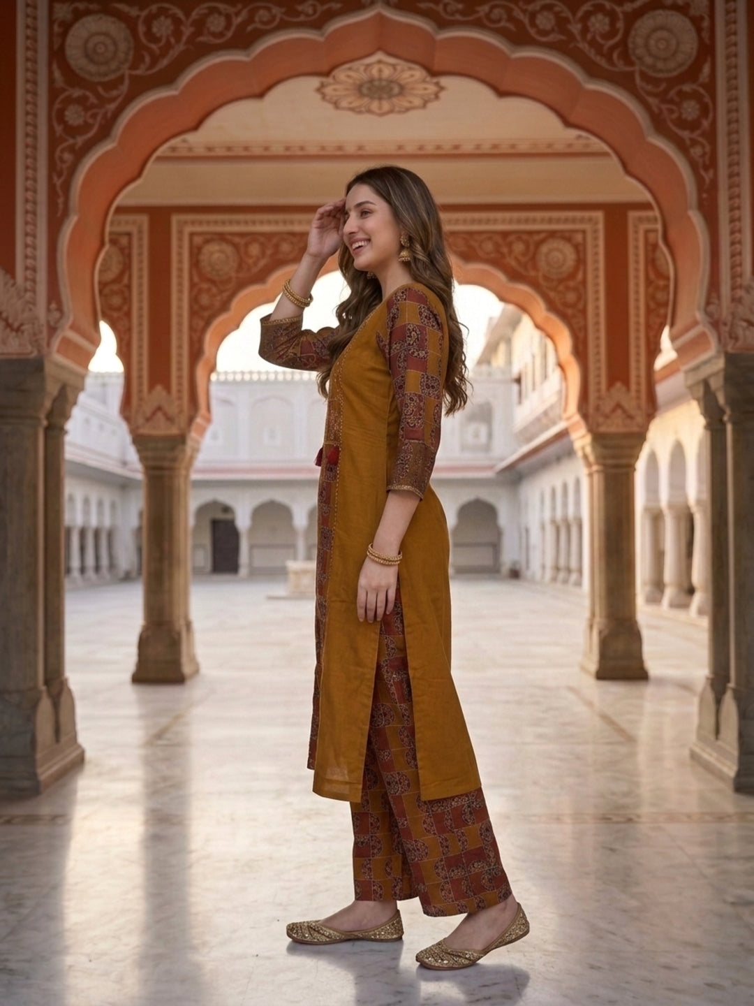 Mustard Solid Cotton Straight Kurta Set with Printed Panel, Palazzo & Dupatta