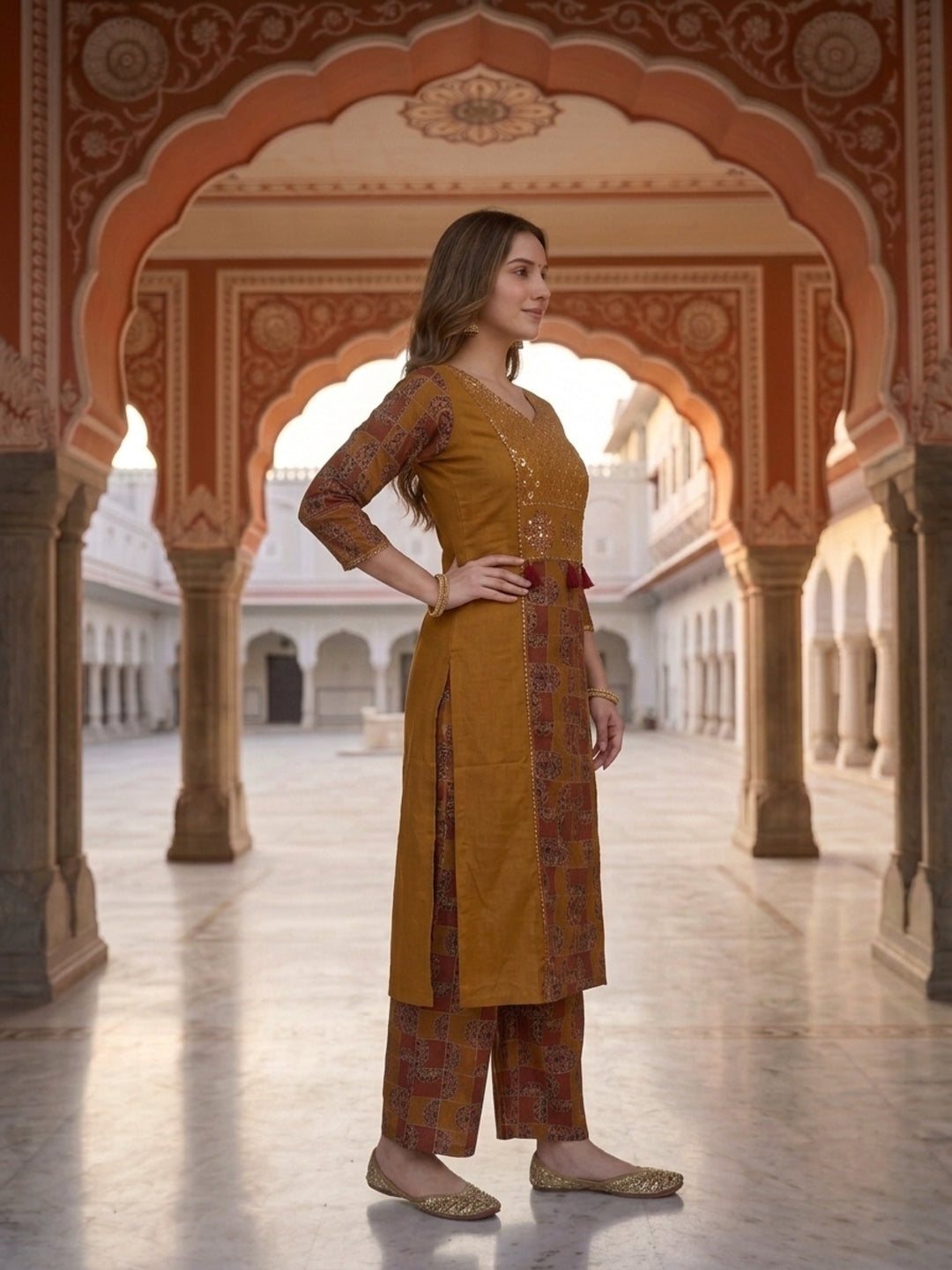 Mustard Solid Cotton Straight Kurta Set with Printed Panel, Palazzo & Dupatta