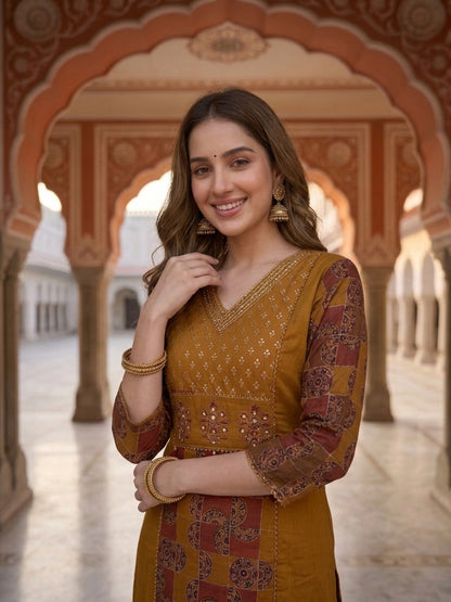 Mustard Solid Cotton Straight Kurta Set with Printed Panel, Palazzo & Dupatta
