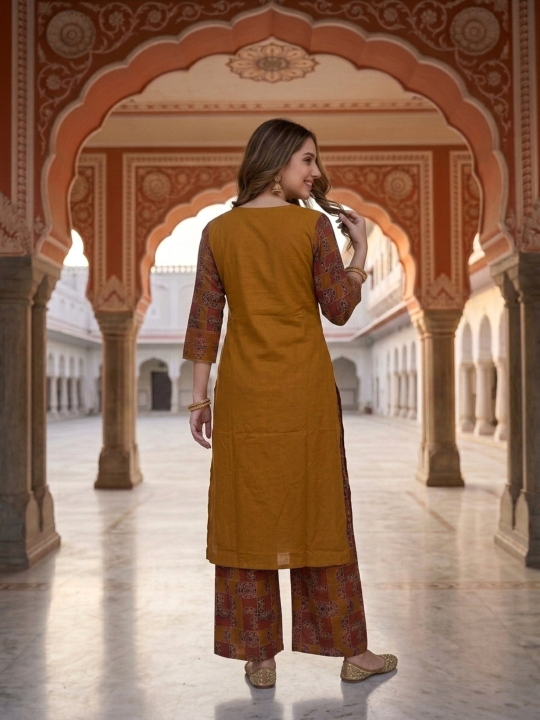 Mustard Solid Cotton Straight Kurta Set with Printed Panel, Palazzo & Dupatta