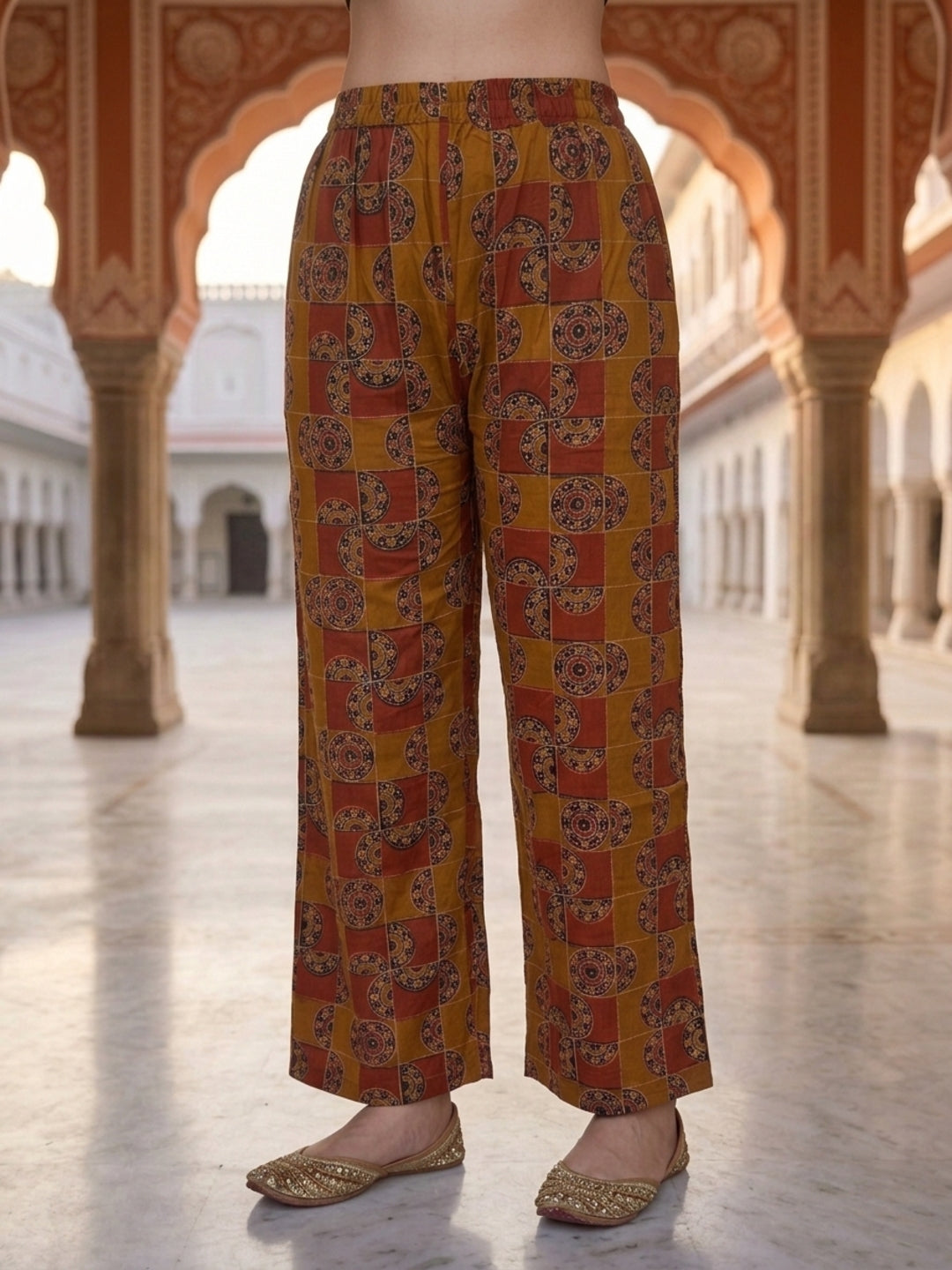 Mustard Solid Cotton Straight Kurta Set with Printed Panel, Palazzo & Dupatta