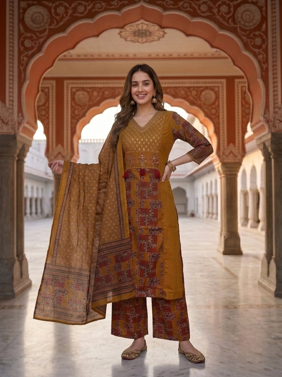 Mustard Solid Cotton Straight Kurta Set with Printed Panel, Palazzo & Dupatta