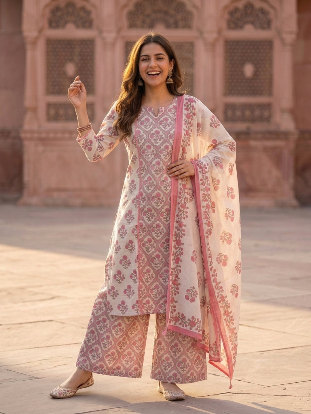 Pink Ethnic Print Cotton Straight Kurta Set with Kantha & Sequin Detail, Palazzo & Dupatta