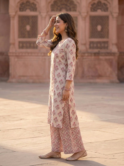 Pink Ethnic Print Cotton Straight Kurta Set with Kantha & Sequin Detail, Palazzo & Dupatta