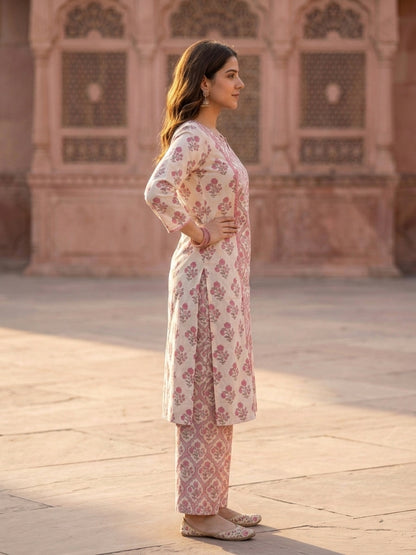 Pink Ethnic Print Cotton Straight Kurta Set with Kantha & Sequin Detail, Palazzo & Dupatta