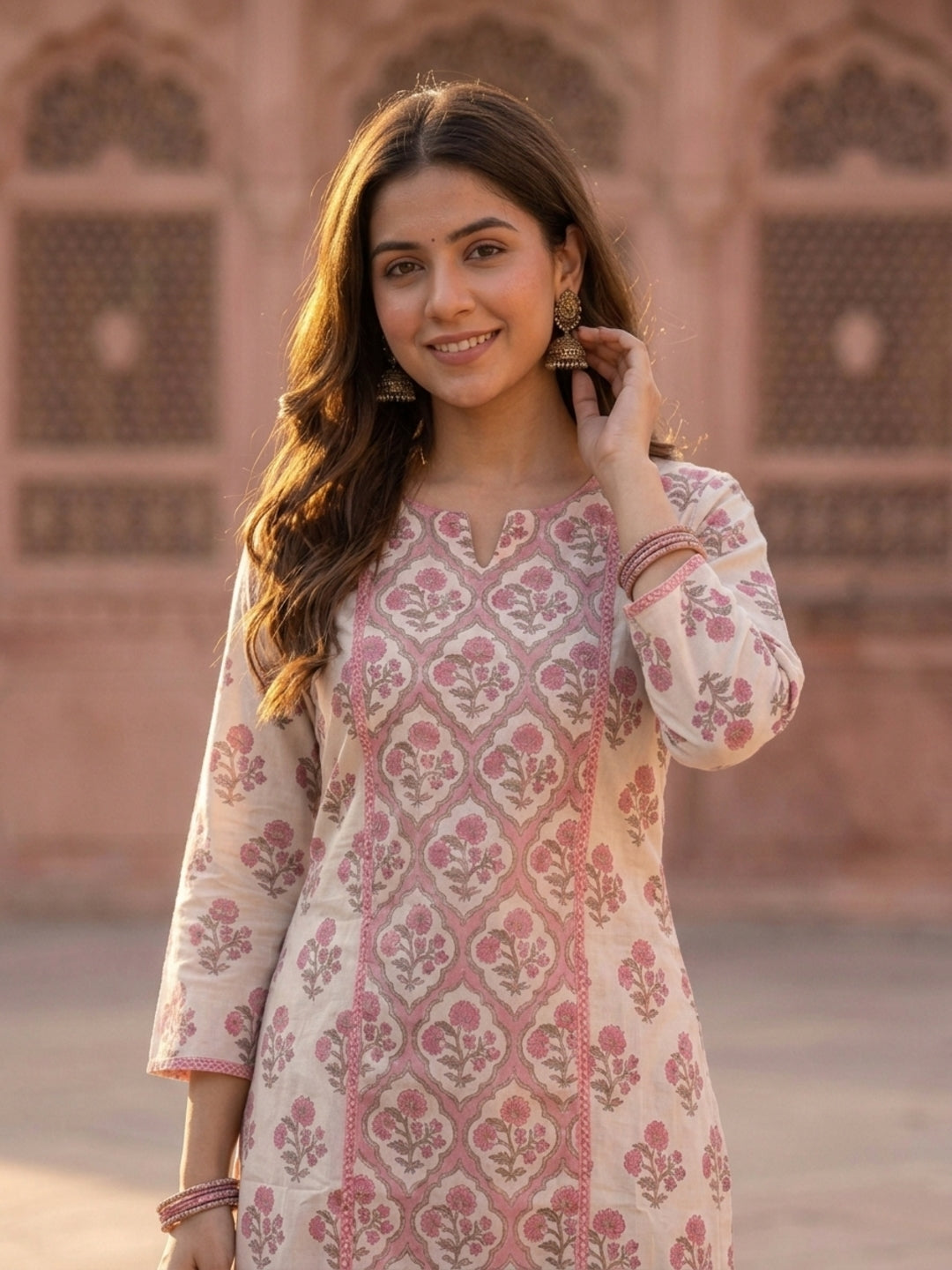 Pink Ethnic Print Cotton Straight Kurta Set with Kantha & Sequin Detail, Palazzo & Dupatta