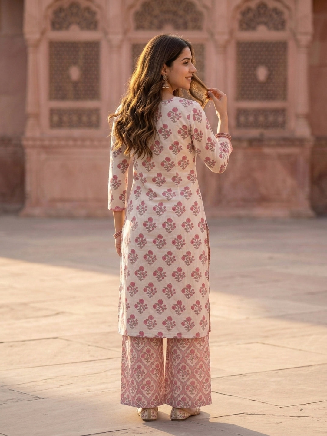 Pink Ethnic Print Cotton Straight Kurta Set with Kantha & Sequin Detail, Palazzo & Dupatta