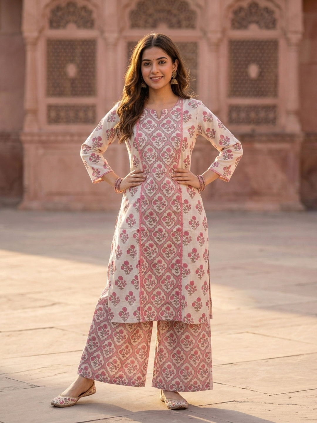 Pink Ethnic Print Cotton Straight Kurta Set with Kantha & Sequin Detail, Palazzo & Dupatta
