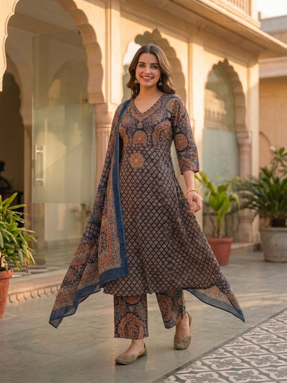 Navy Blue Ajrakh Print Cotton A-Line Kurta Set with Sequins, Palazzo & Dupatta