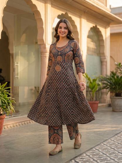 Navy Blue Ajrakh Print Cotton A-Line Kurta Set with Sequins, Palazzo & Dupatta