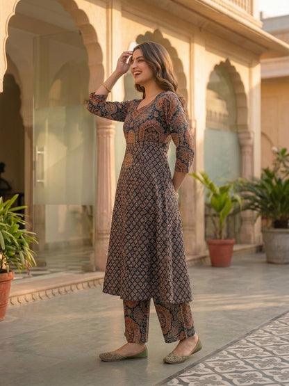 Navy Blue Ajrakh Print Cotton A-Line Kurta Set with Sequins, Palazzo & Dupatta