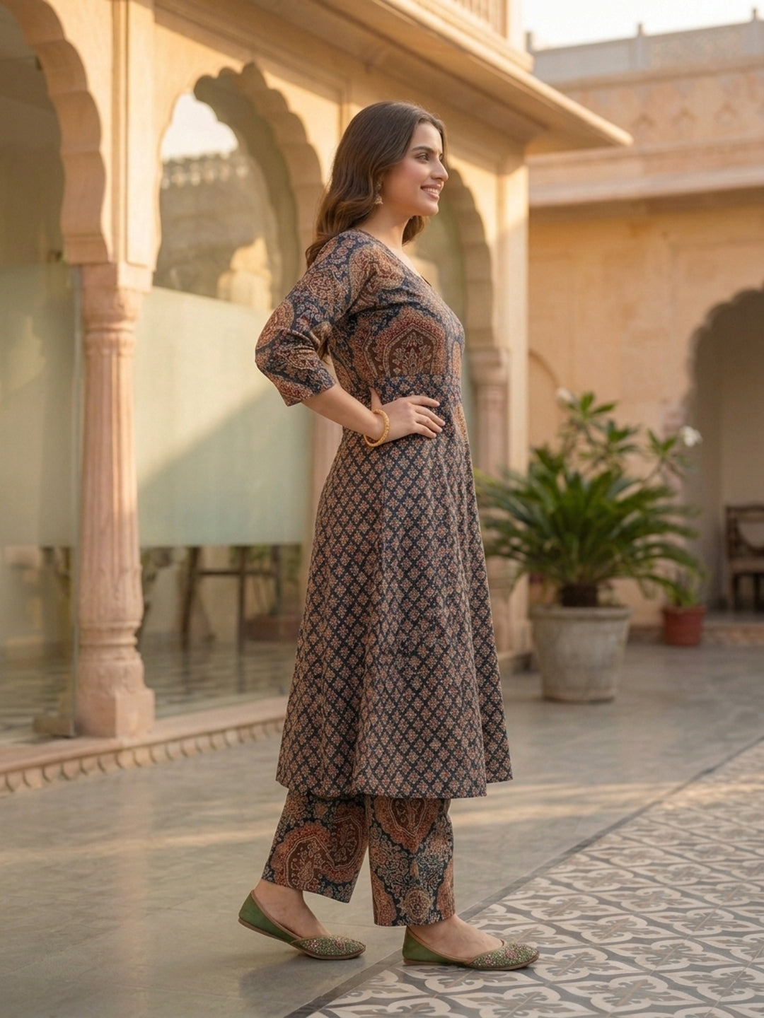 Navy Blue Ajrakh Print Cotton A-Line Kurta Set with Sequins, Palazzo & Dupatta
