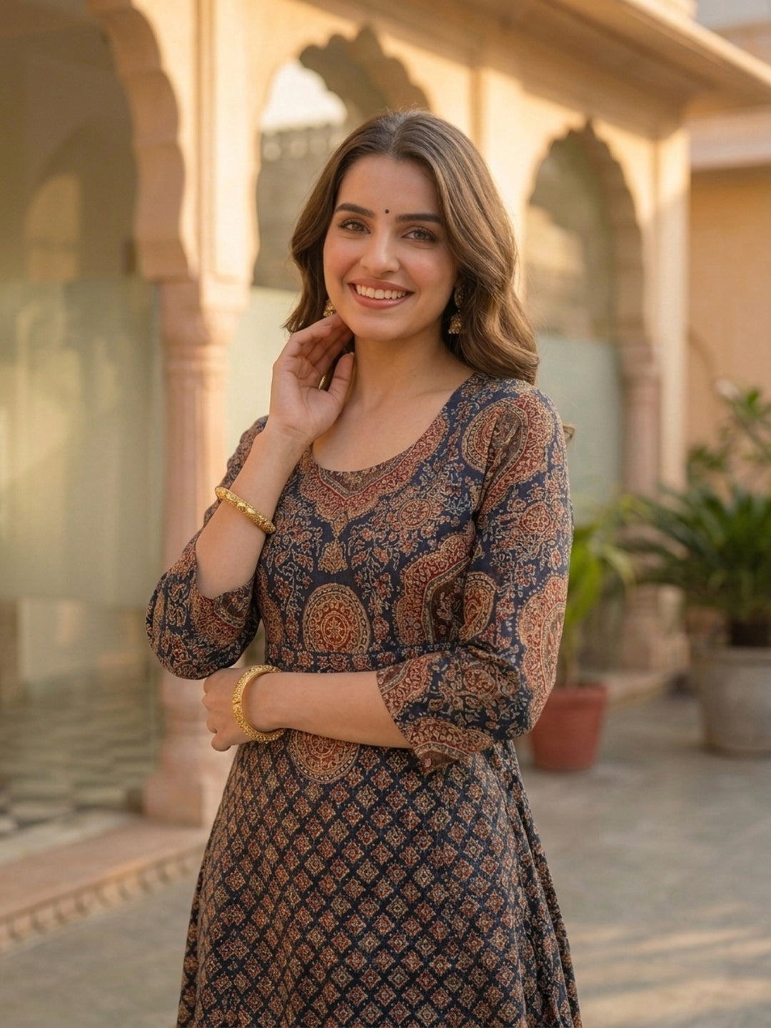 Navy Blue Ajrakh Print Cotton A-Line Kurta Set with Sequins, Palazzo & Dupatta