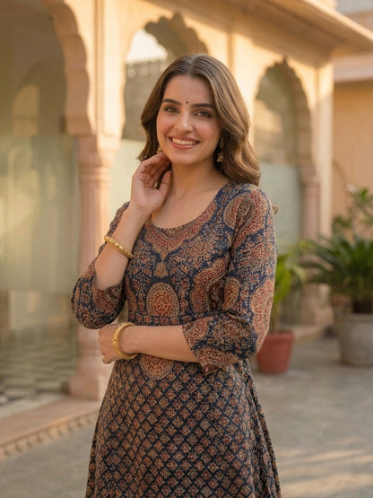 Navy Blue Ajrakh Print Cotton A-Line Kurta Set with Sequins, Palazzo & Dupatta