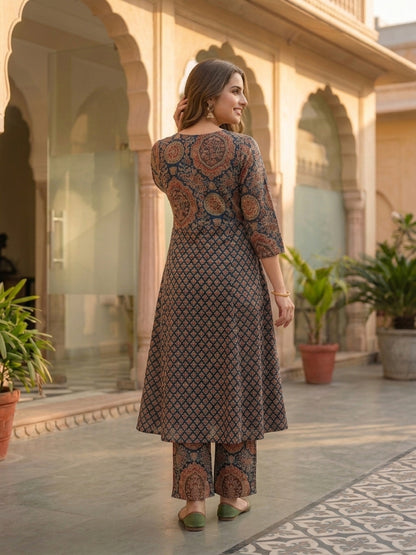 Navy Blue Ajrakh Print Cotton A-Line Kurta Set with Sequins, Palazzo & Dupatta