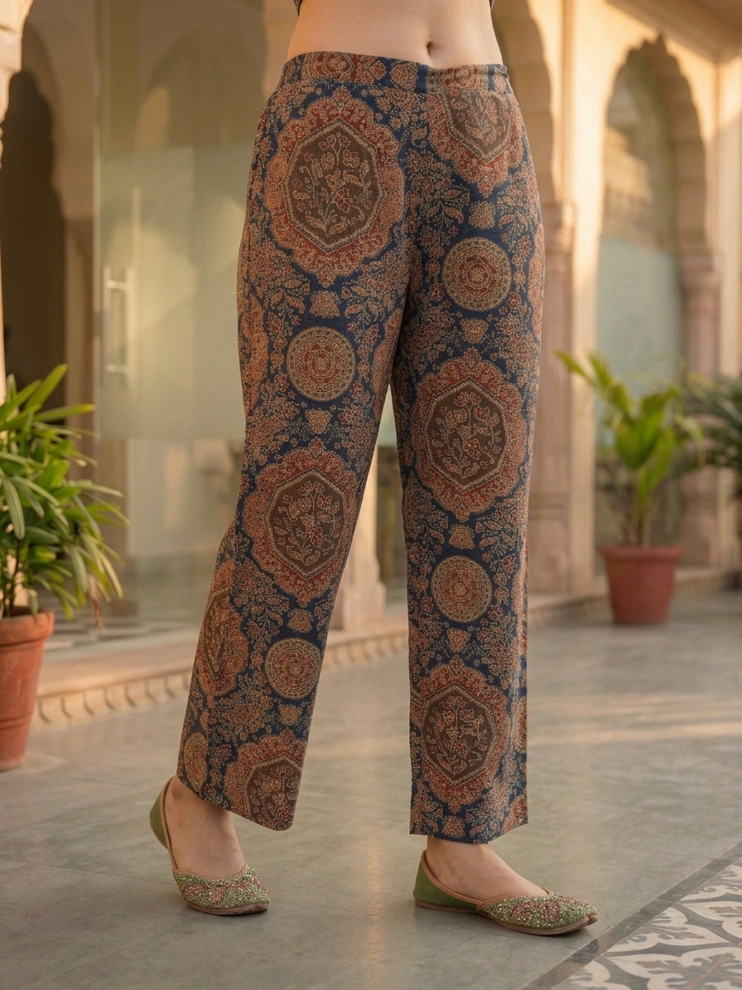 Navy Blue Ajrakh Print Cotton A-Line Kurta Set with Sequins, Palazzo & Dupatta