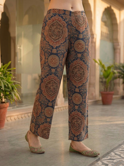 Navy Blue Ajrakh Print Cotton A-Line Kurta Set with Sequins, Palazzo & Dupatta