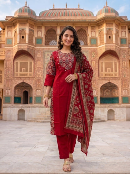Maroon Solid Cotton Straight Kurta Set with Ajrakh Yoke, Mirror & Sequin Work, Pyjama & Dupatta