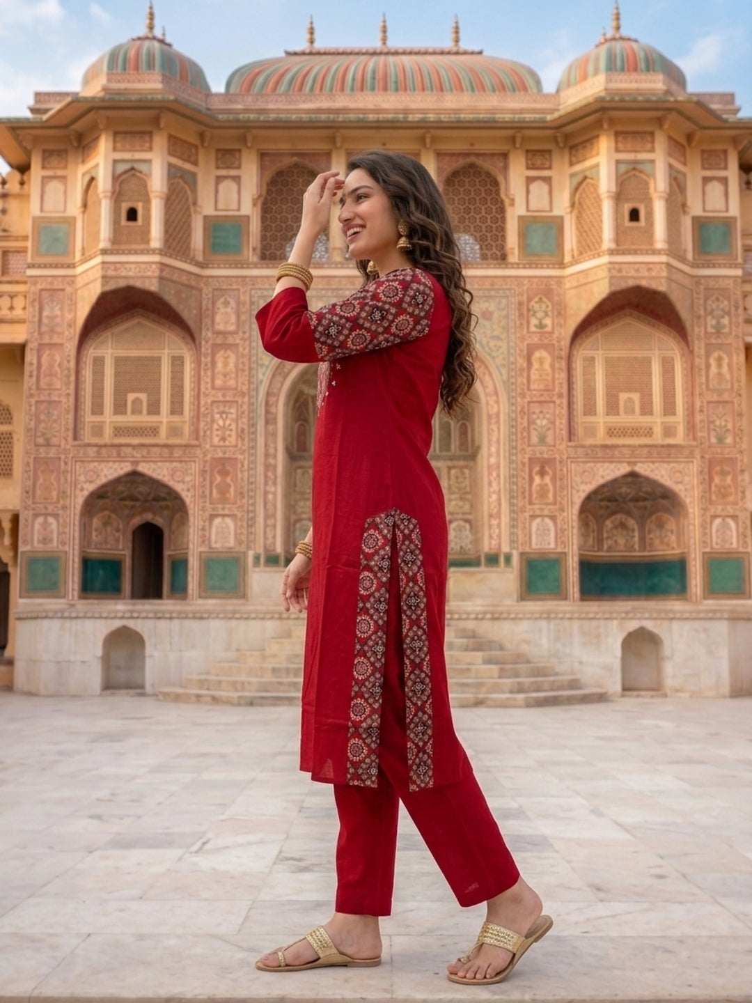 Maroon Solid Cotton Straight Kurta Set with Ajrakh Yoke, Mirror & Sequin Work, Pyjama & Dupatta