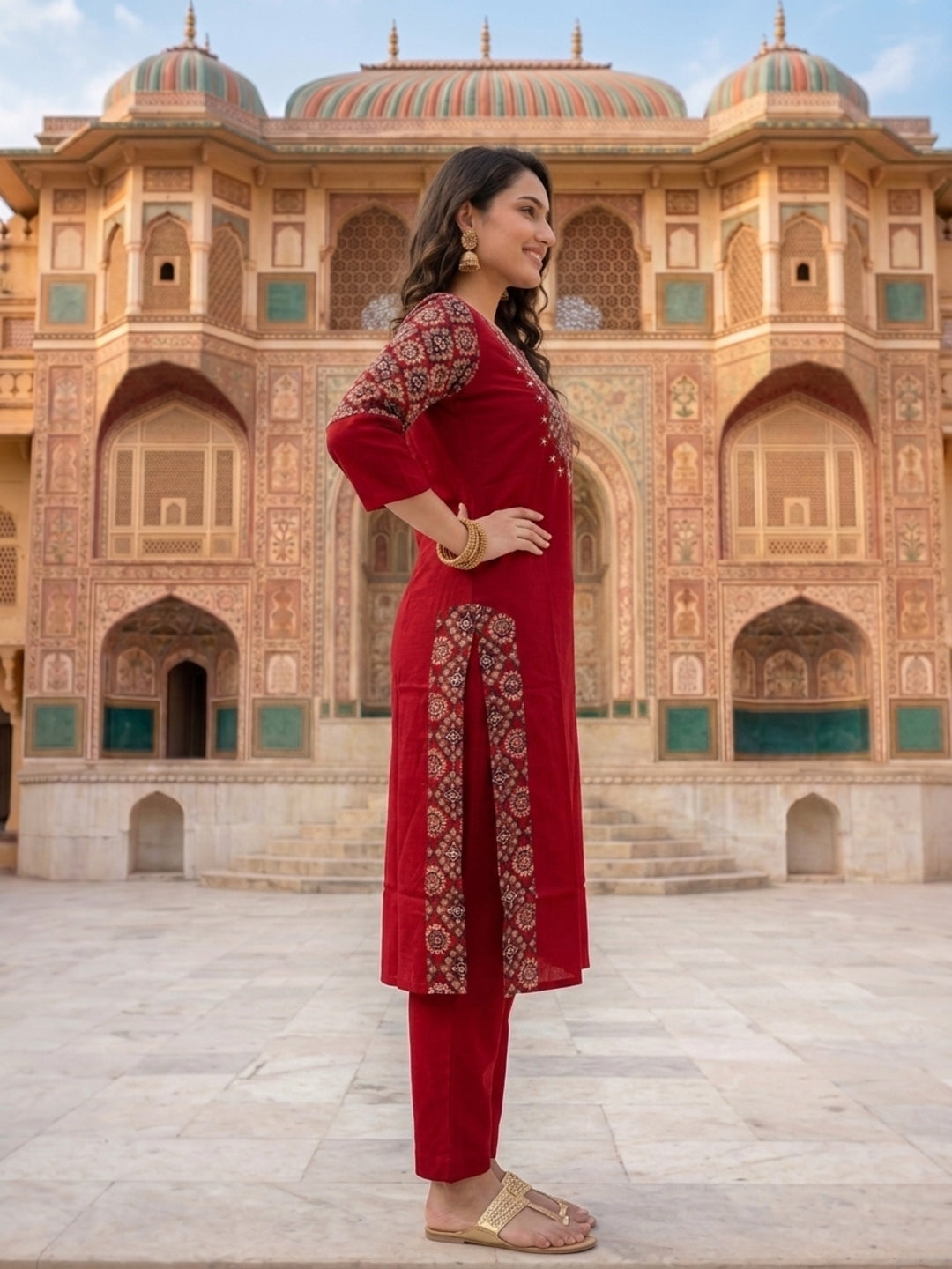 Maroon Solid Cotton Straight Kurta Set with Ajrakh Yoke, Mirror & Sequin Work, Pyjama & Dupatta