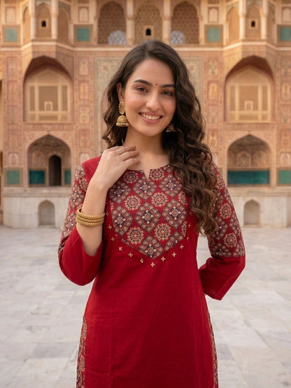 Maroon Solid Cotton Straight Kurta Set with Ajrakh Yoke, Mirror & Sequin Work, Pyjama & Dupatta