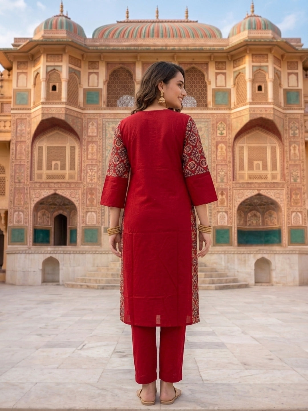 Maroon Solid Cotton Straight Kurta Set with Ajrakh Yoke, Mirror & Sequin Work, Pyjama & Dupatta
