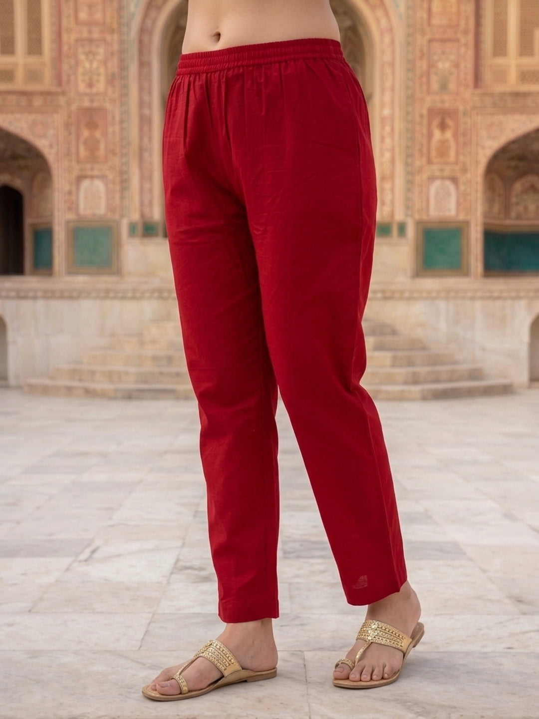 Maroon Solid Cotton Straight Kurta Set with Ajrakh Yoke, Mirror & Sequin Work, Pyjama & Dupatta