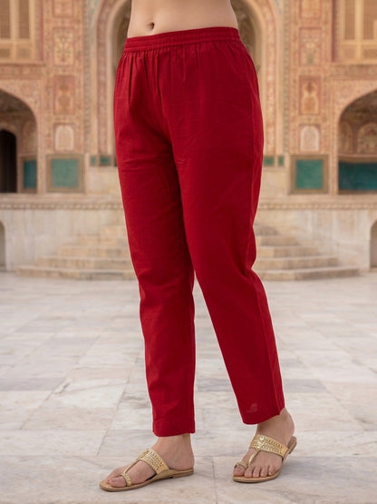 Maroon Solid Cotton Straight Kurta Set with Ajrakh Yoke, Mirror & Sequin Work, Pyjama & Dupatta