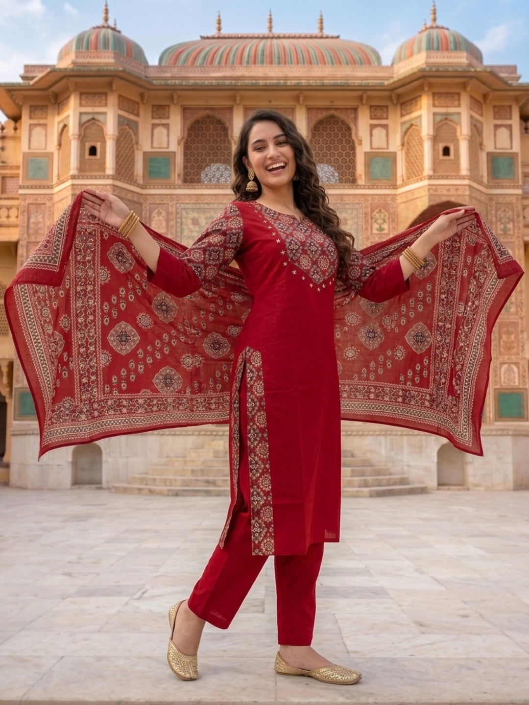 Maroon Solid Cotton Straight Kurta Set with Ajrakh Yoke, Mirror & Sequin Work, Pyjama & Dupatta