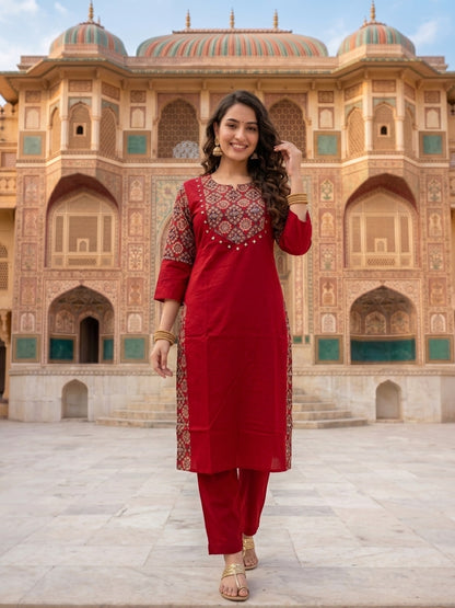 Maroon Solid Cotton Straight Kurta Set with Ajrakh Yoke, Mirror & Sequin Work, Pyjama & Dupatta