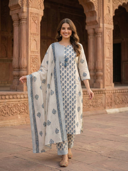 Grey Ethnic Print Cotton Straight Kurta Set with Mirror Work, Palazzo & Dupatta