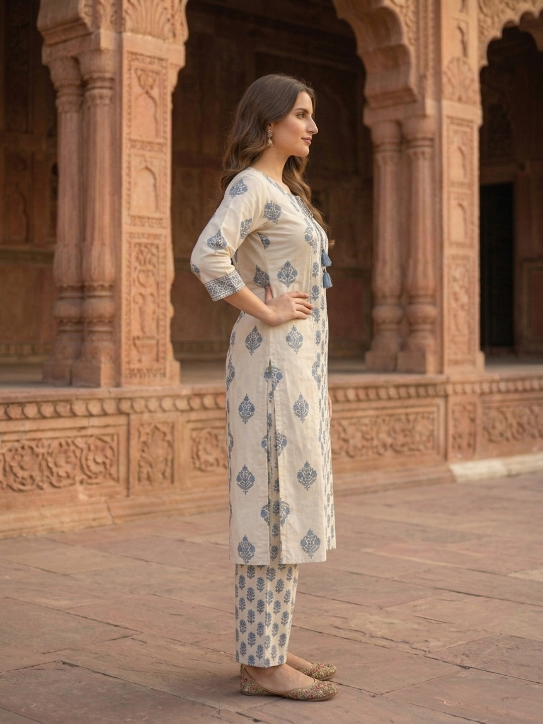 Grey Ethnic Print Cotton Straight Kurta Set with Mirror Work, Palazzo & Dupatta