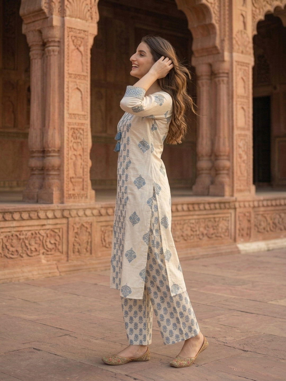 Grey Ethnic Print Cotton Straight Kurta Set with Mirror Work, Palazzo & Dupatta
