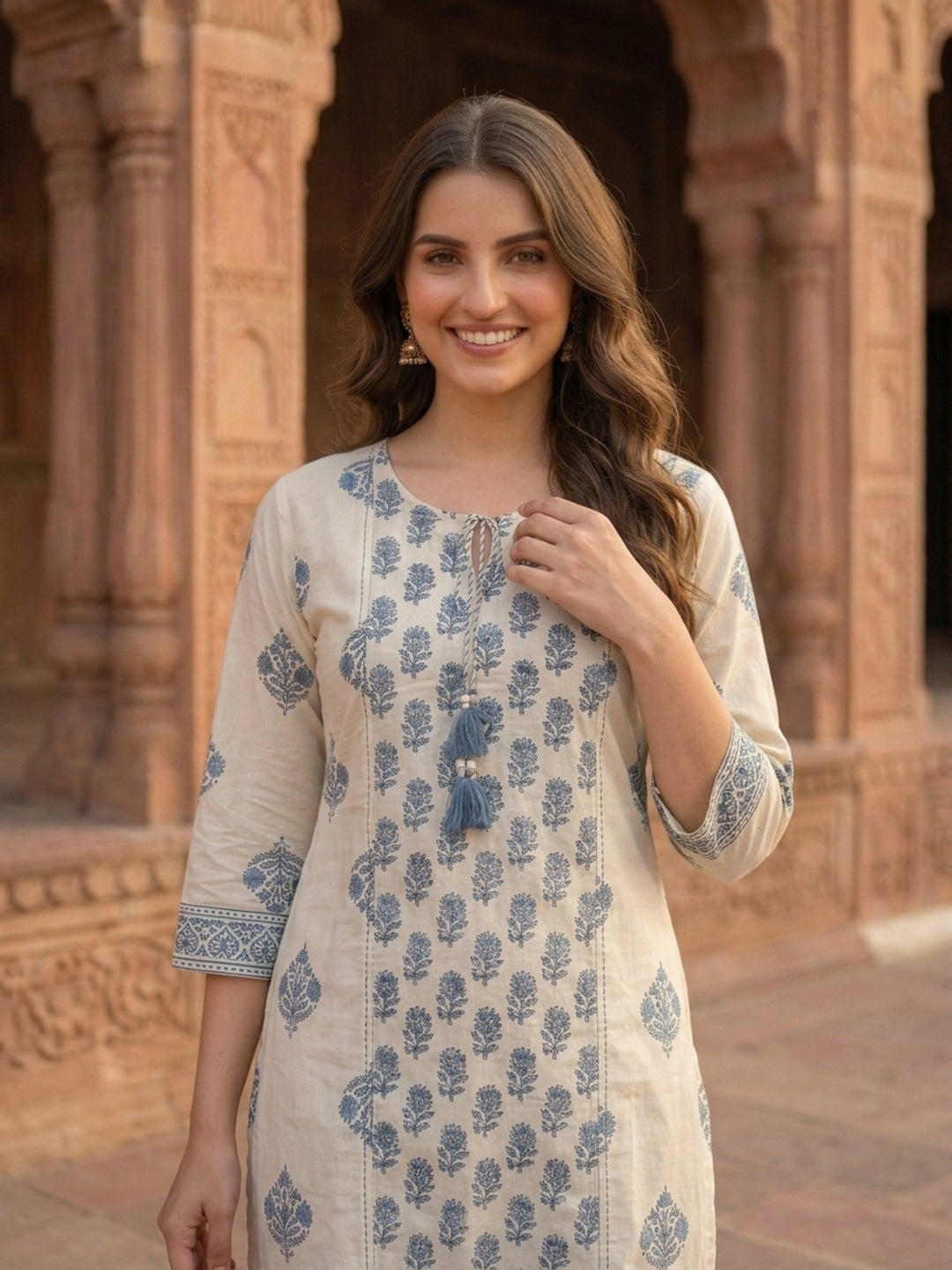 Grey Ethnic Print Cotton Straight Kurta Set with Mirror Work, Palazzo & Dupatta