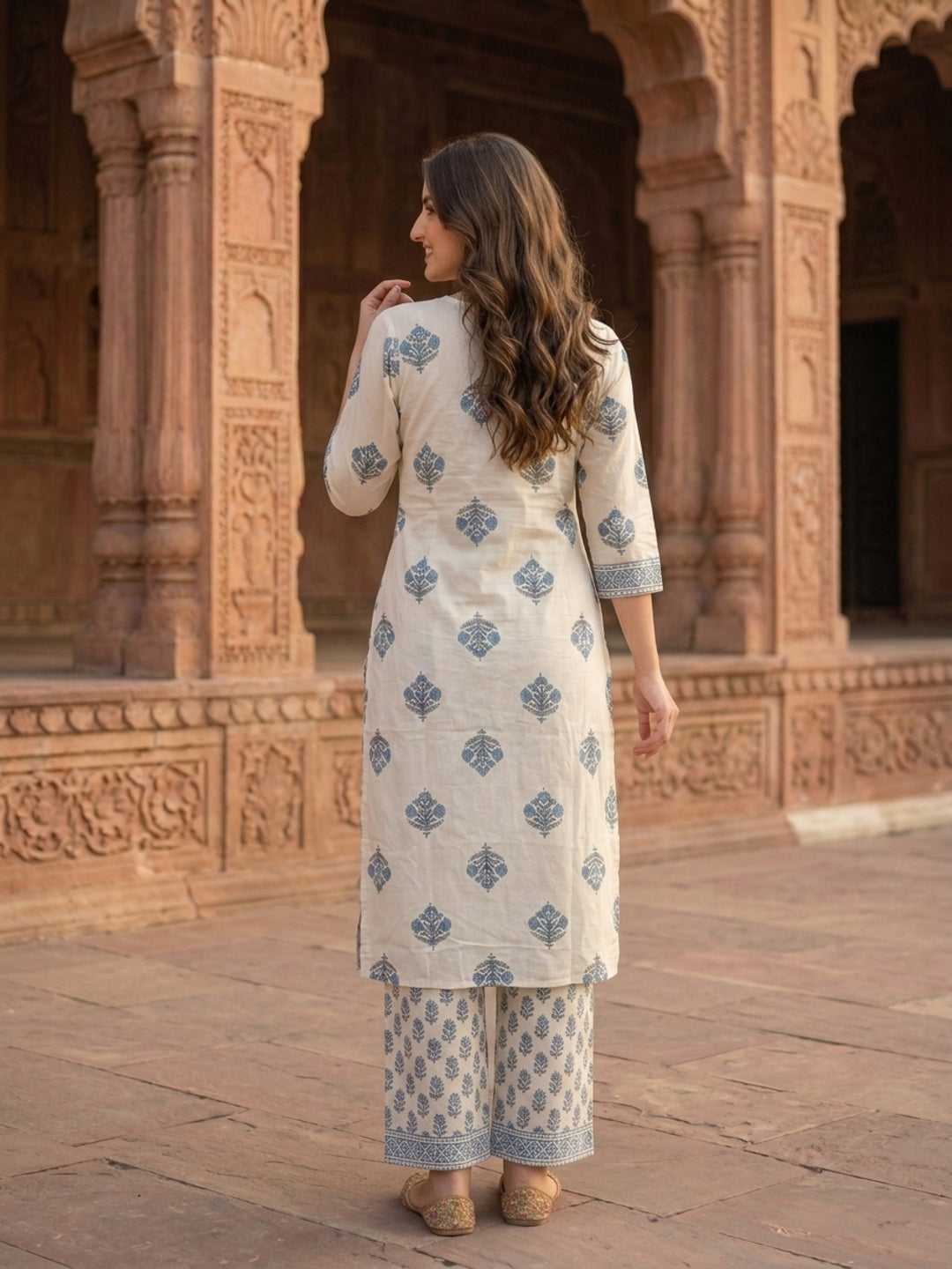 Grey Ethnic Print Cotton Straight Kurta Set with Mirror Work, Palazzo & Dupatta
