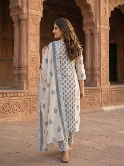 Grey Ethnic Print Cotton Straight Kurta Set with Mirror Work, Palazzo & Dupatta