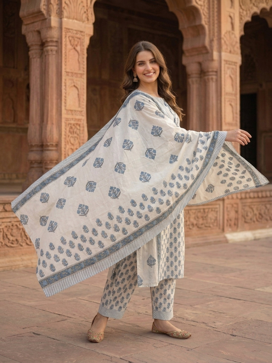 Grey Ethnic Print Cotton Straight Kurta Set with Mirror Work, Palazzo & Dupatta
