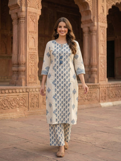 Grey Ethnic Print Cotton Straight Kurta Set with Mirror Work, Palazzo & Dupatta