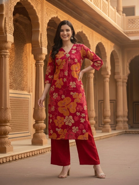 Abstract Floral Printed A-Line Co-ord Set - Maroon