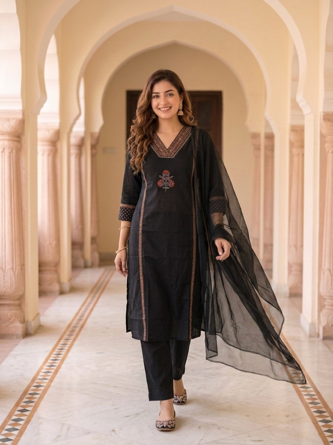 Black Zari Embroidered Cotton 3-Piece Kurta Set